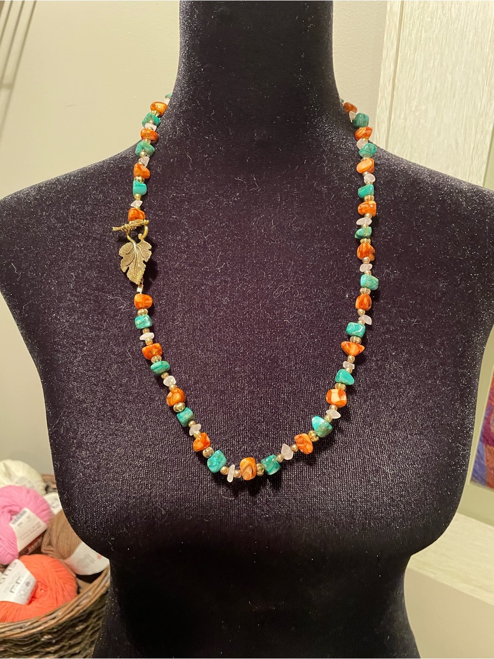 Turquoise and Carnelian Bead Necklace with Gold Leaf Accent - Women Jewelry
